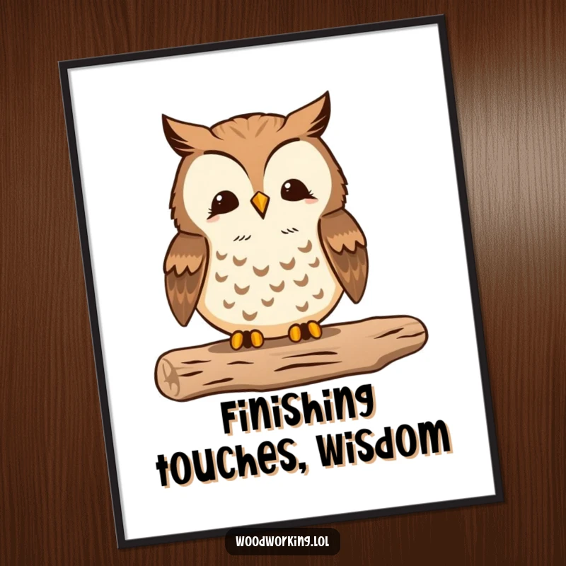Funny Free Printable Wall Art: Proud owl meticulously sanding wood to a smooth finish, showcasing dedication and skill.