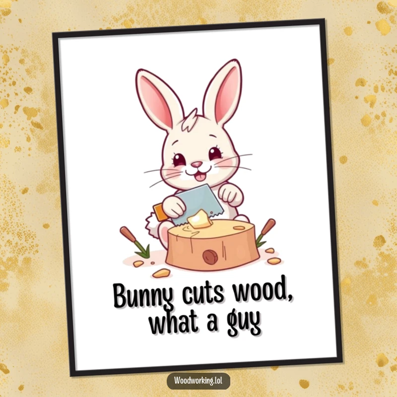 Funny Free Printable Wall Art depicting a happy bunny focused on cutting wood with a tiny saw, a scene of creative endeavor.