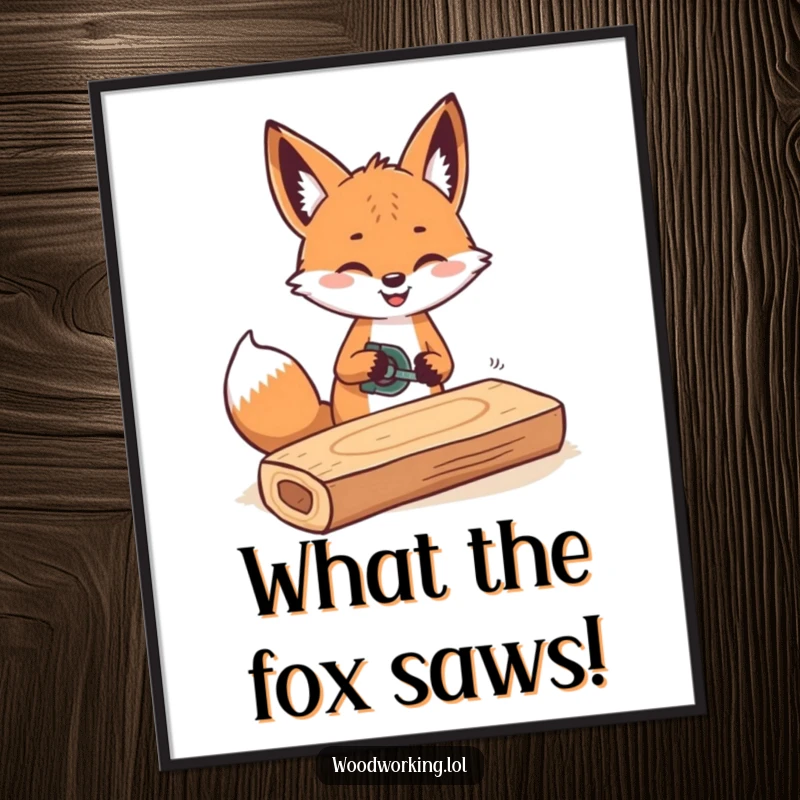 Funny Free Printable Wall Art of a cheerful fox rhythmically sawing a plank of wood, great for decor.