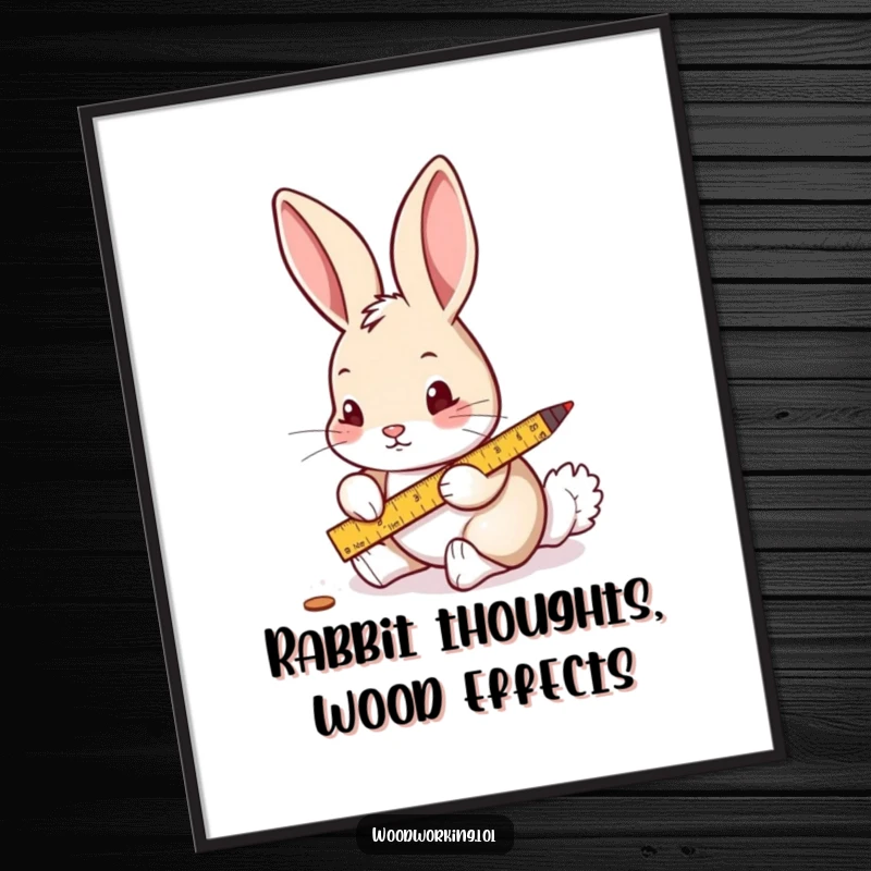Funny Free Printable Wall Art depicting a curious rabbit carefully measuring wood with a ruler and pencil, great decor.