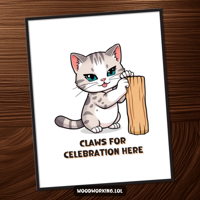 Funny Free Printable Wall Art: a determined cat sharpening its claws on a wooden post, embodying fierce humor, downloadable art.