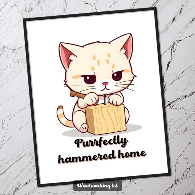 Funny Free Printable Wall Art: Determined cat humorously hammering a nail into wood, a charming piece of DIY downloadable art.