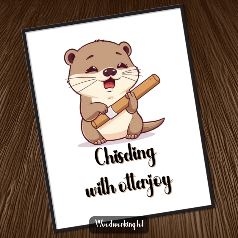 Funny Free Printable Wall Art: Giggling otter with surprising dexterity, skillfully using a chisel with a focused and joyful expression.