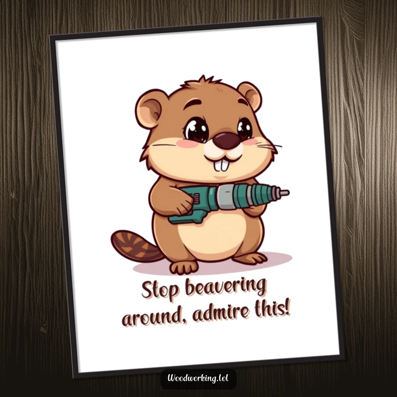 Funny Free Printable Wall Art of a beaver with a focused, wide-eyed look drilling wood, great for DIY enthusiasts.