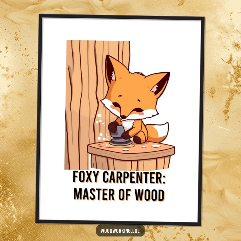 Funny Free Printable Wall Art: Determined fox sanding wood with intense focus, perfect for DIY home decor.