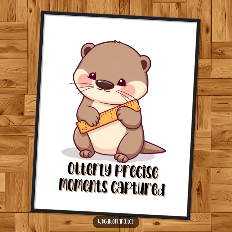 Funny Free Printable Wall Art: a playful otter meticulously measuring wood with a tiny ruler, whimsical downloadable art.