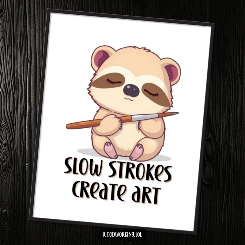 Funny Free Printable Wall Art: a sleepy sloth gently holding a paintbrush, embodying tranquil artistic humor, downloadable art.
