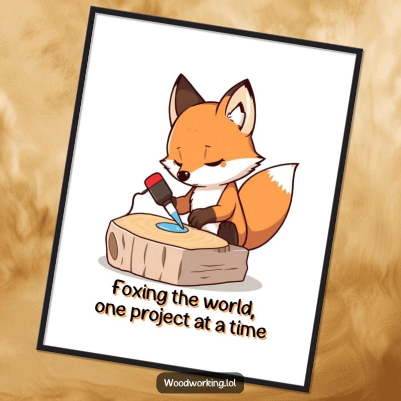 Funny Free Printable Wall Art: Determined fox mid-glue application on wood, a quirky and humorous DIY art piece.