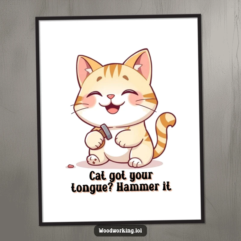 Funny Free Printable Wall Art: Cat hammering tiny nail with a pleased expression, skilled DIY downloadable decor.