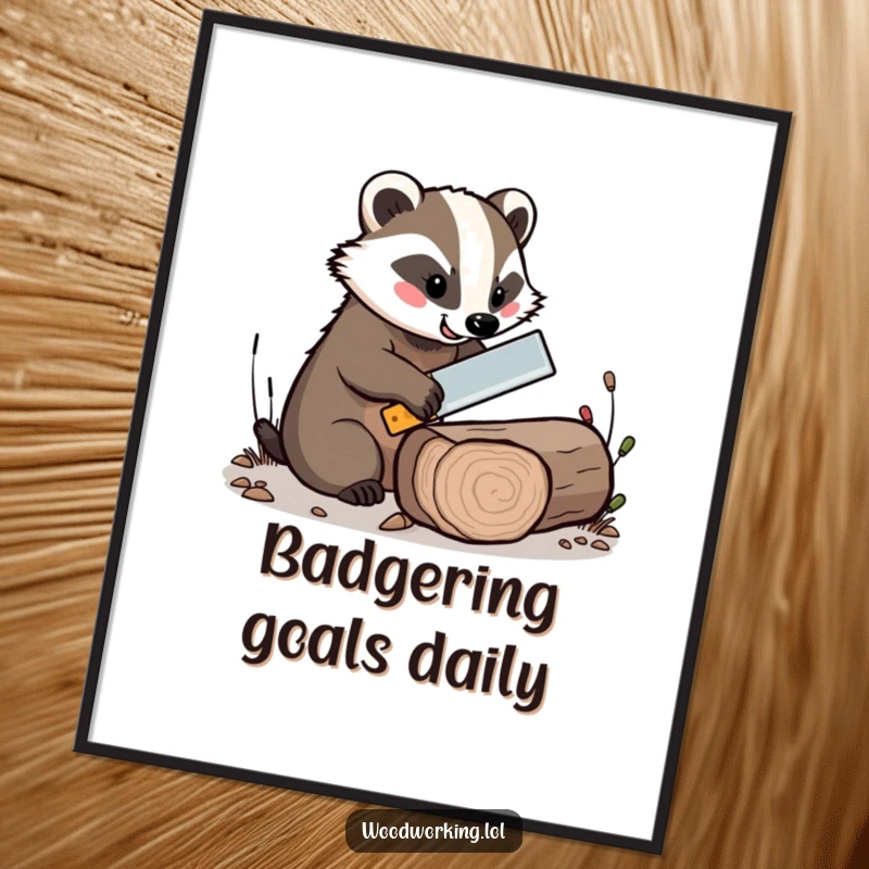Funny Free Printable Wall Art: Cheerful badger expertly saws a log with a comically tiny saw, a humorous scene.