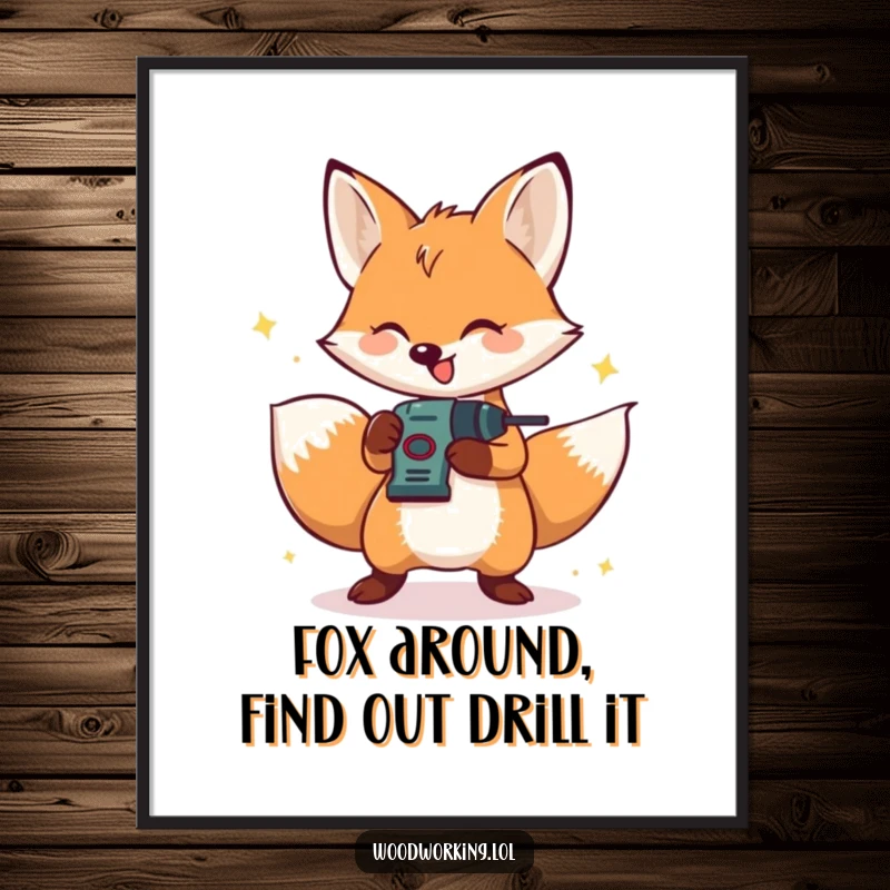 Funny Free Printable Wall Art: Bouncing fox happily operating a small drill, energetic DIY downloadable decor.