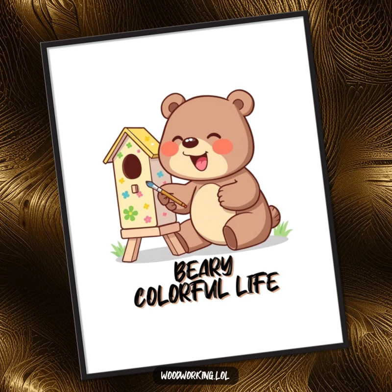 Funny Free Printable Wall Art: Giggling bear excitedly paints a vibrant birdhouse, a cheerful art piece.