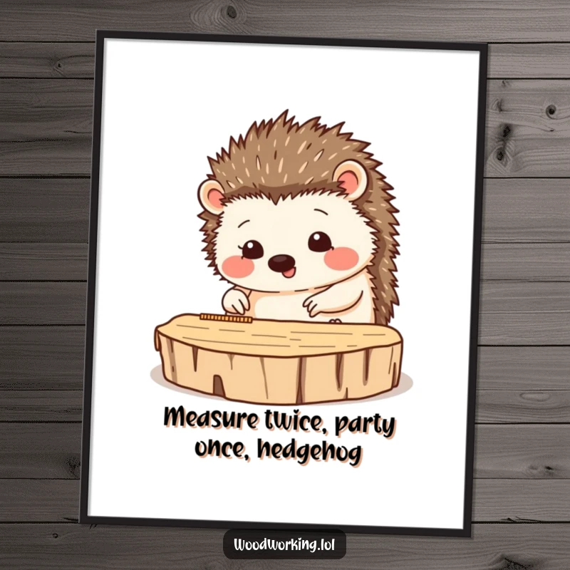 Funny Free Printable Wall Art: Happy hedgehog carefully measuring a piece of wood, focused craftsman downloadable decor.