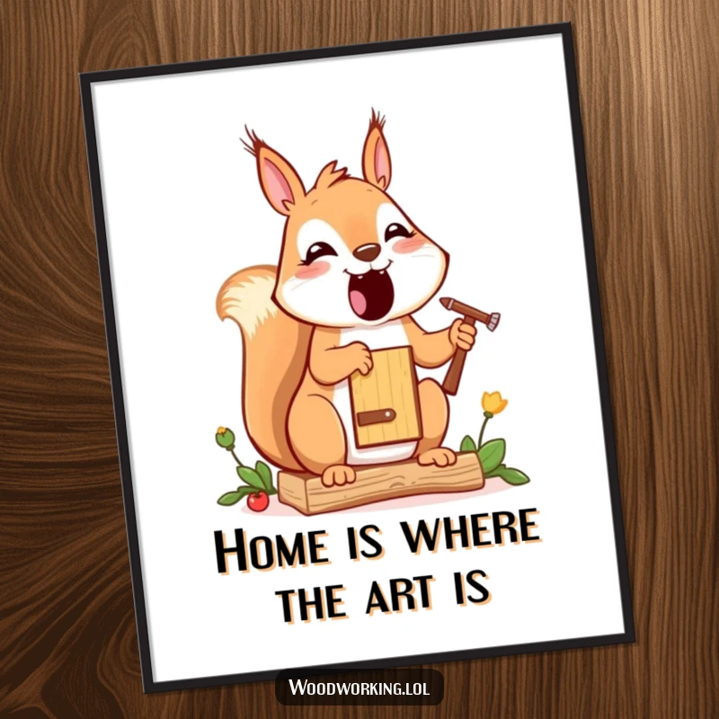 Funny free printable wall art: a cheerful squirrel paints a small wooden birdhouse with focused artistic energy, creating a delightful scene.