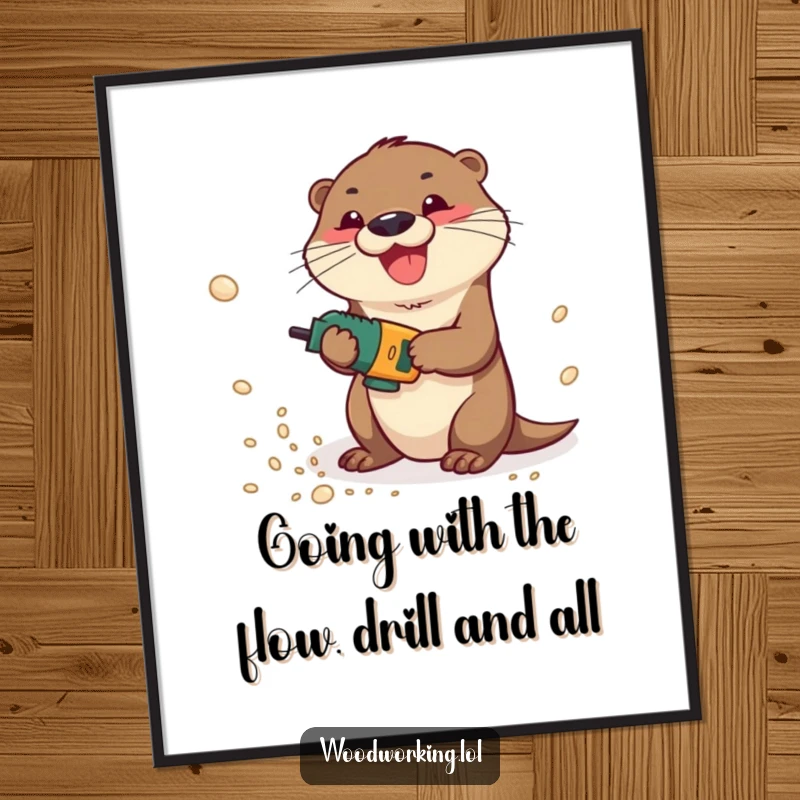 Funny Free Printable Wall Art: A playful otter gleefully operating a drill, creating sawdust clouds, bringing DIY fun indoors.