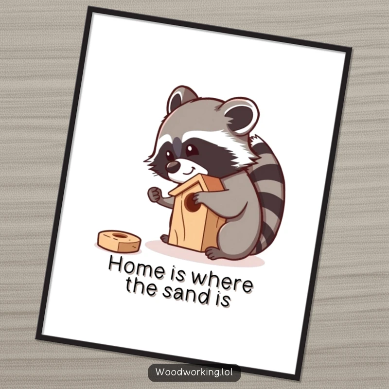 Funny Free Printable Wall Art: A curious raccoon smiling while sanding a small wooden birdhouse, adding DIY charm to decor.