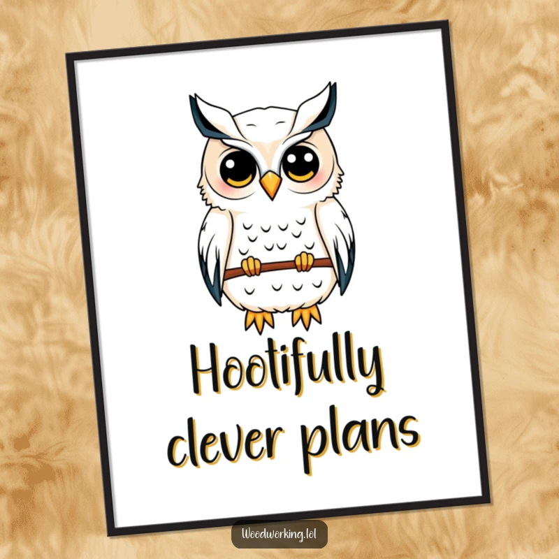 Funny Free Printable Wall Art: A content owl meticulously sketches a birdhouse blueprint, showcasing its design skills.