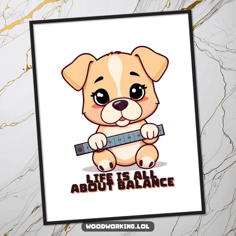 Funny free printable wall art: a playful puppy with a strikingly serious expression holds a level, checking for perfect horizontal alignment.