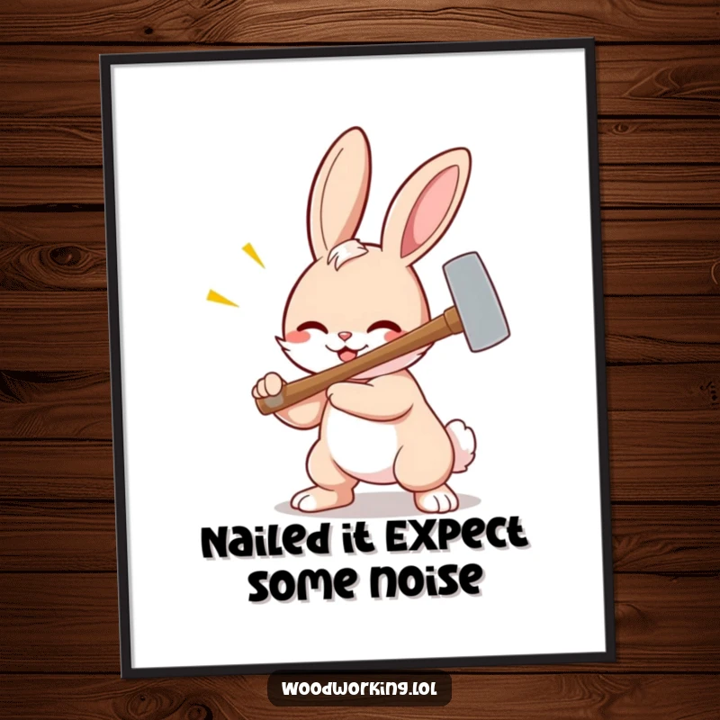 Funny free printable wall art: a smiling bunny wields a giant hammer with exaggerated force, creating a comical scene of DIY.