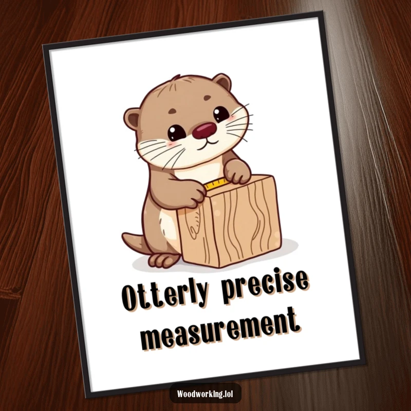 Funny Free Printable Wall Art: Curious otter measuring a block of wood with a tape measure, detailed and humorous decor.