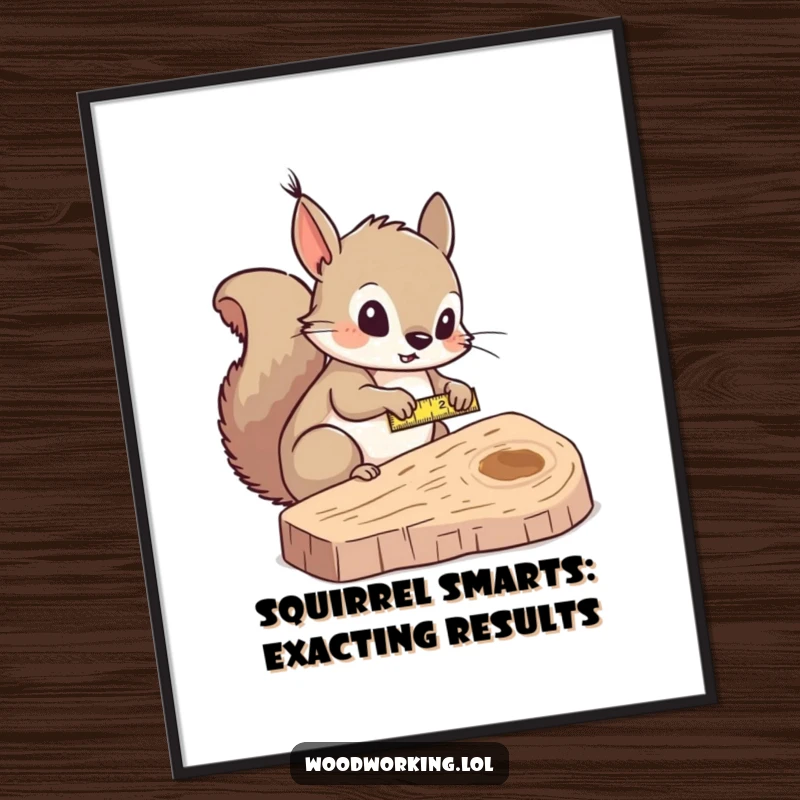 Funny Free Printable Wall Art: Curious squirrel carefully measuring a piece of wood with a tape measure.