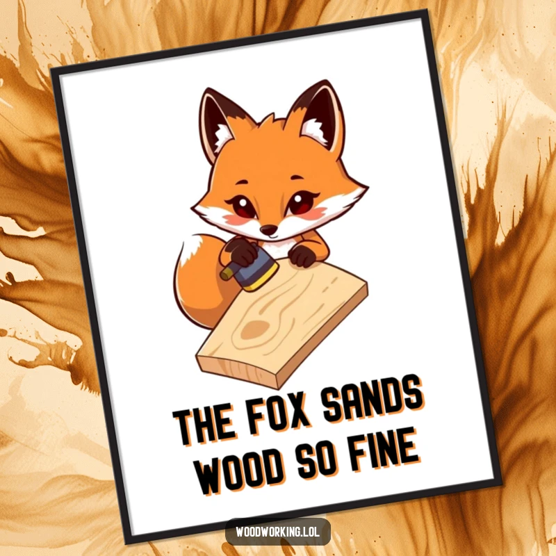 Funny Free Printable Wall Art of a determined fox carefully sanding a wooden plank, showcasing dedication to a smooth finish.