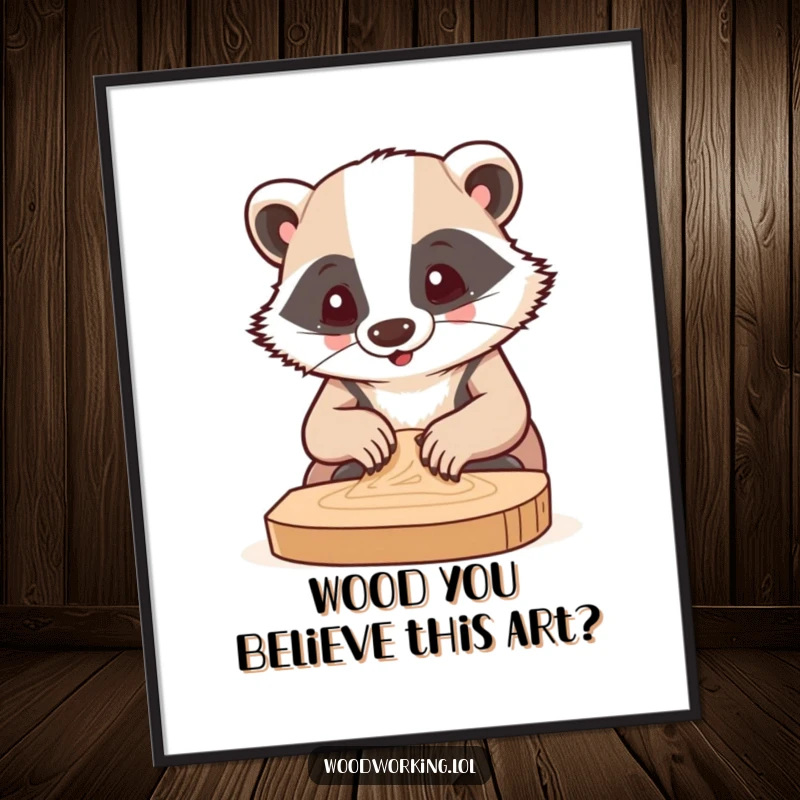 Funny Free Printable Wall Art of a badger intensely sanding wood, perfect for a workshop or home decor.