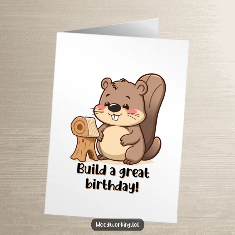 Funny Free Printable Birthday Card: Delighted beaver admiring its unfinished wooden creation, proud and humorous downloadable.