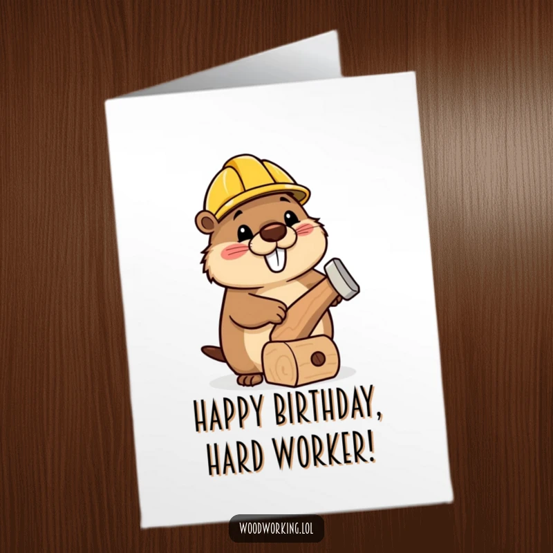 Funny Free Printable Birthday Card: A happy beaver in a hard hat hammering a wonky toy, celebrating a birthday.