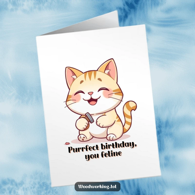 Funny Free Printable Birthday Card: Smiling cat hammering a tiny nail with pleased expression, DIY gift.