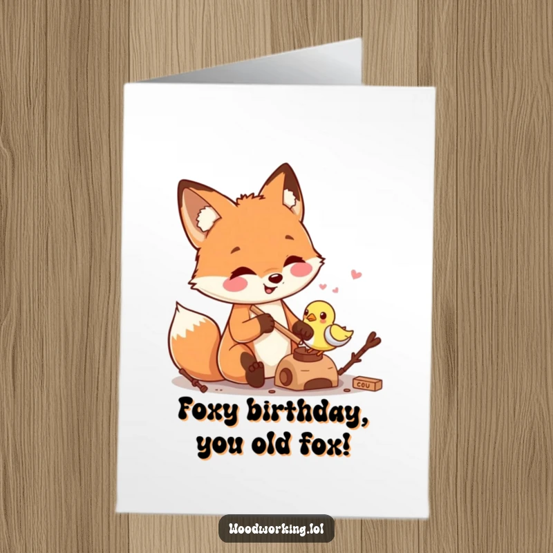 Funny Free Printable Birthday Card: A smiling fox meticulously carving a tiny wooden bird, ready to deliver birthday cheer.