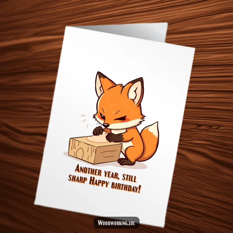 Funny Free Printable Birthday Card: Determined fox intensely sands wood, symbolizing focus for their big day.