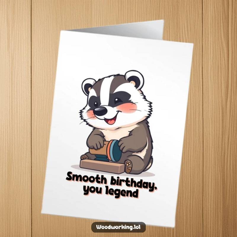Funny Free Printable Birthday Card: A happy badger focused on sanding, ready to smooth out any birthday bumps.