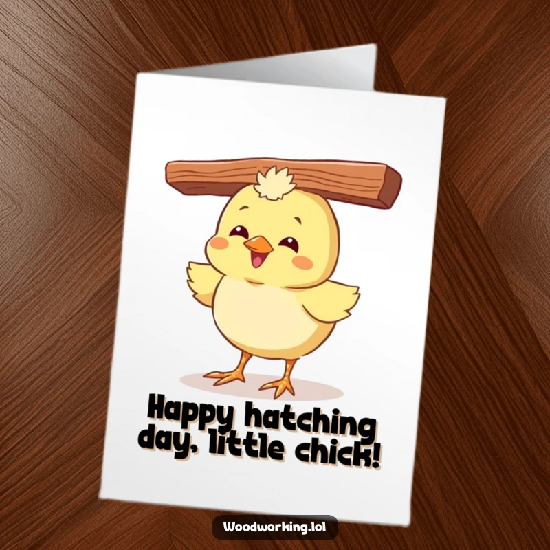 Funny Free Printable Birthday Card: Giggling chick hilariously balances a plank for a fun birthday surprise.