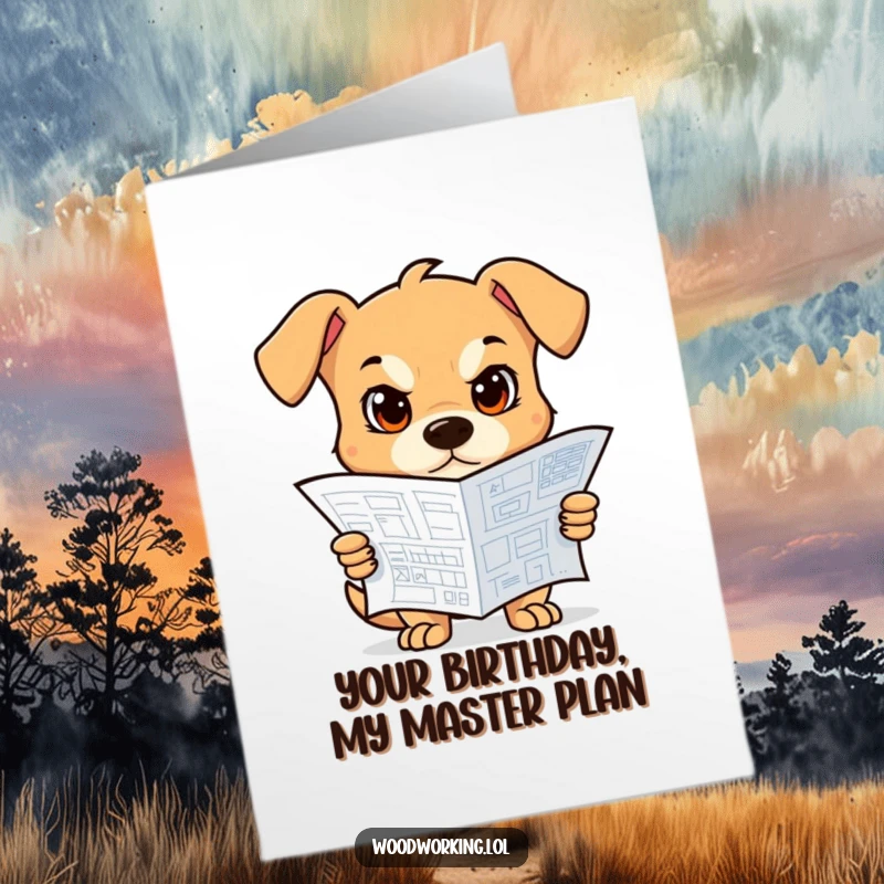 Funny Free Printable Birthday Card featuring a determined dog architect intensely studying a blueprint, ready to build a good time.