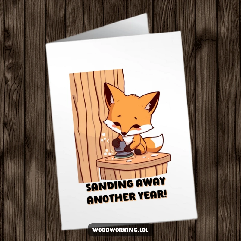 Funny Free Printable Birthday Card: Determined fox meticulously sands wood, embodying focus for a DIY gift.