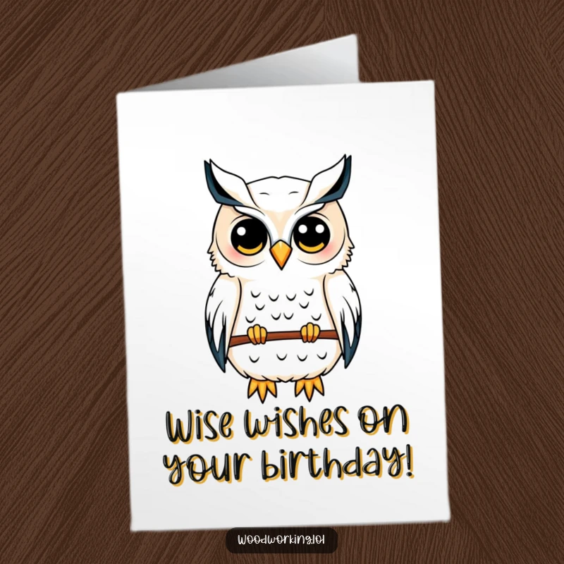 Funny Free Printable Birthday Card: A content owl carefully sketches a blueprint for a birdhouse design with concentration.