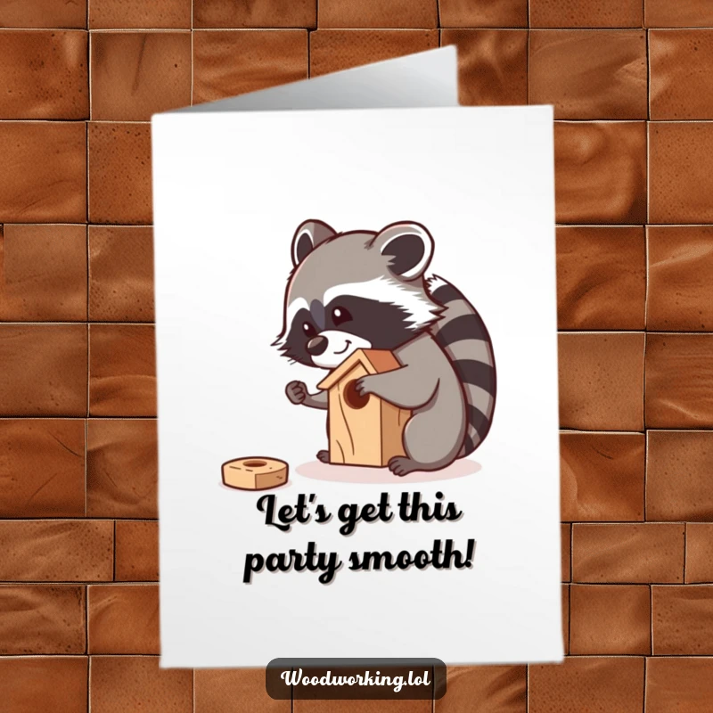 Funny Free Printable Birthday Card: Curious raccoon smiling while meticulously sanding a small wooden birdhouse, a birthday craft.