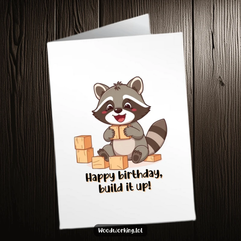 Funny Free Printable Birthday Card: A jolly raccoon stacking wooden blocks, building a day full of fun and wishes.