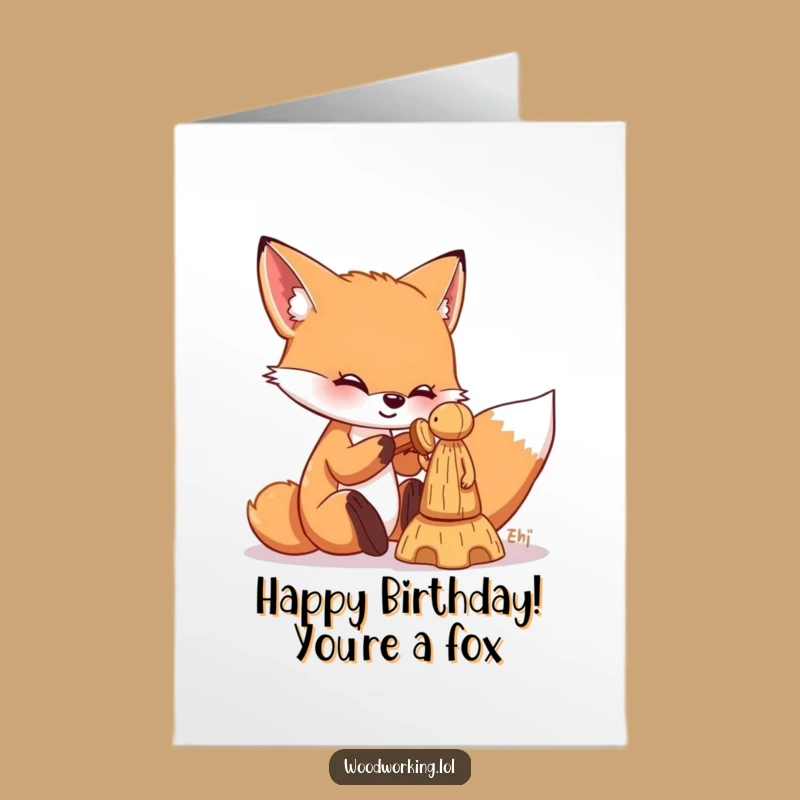 Free Printable Birthday Card: Playful Fox Chiseling Wood Funny Downloadable Gift