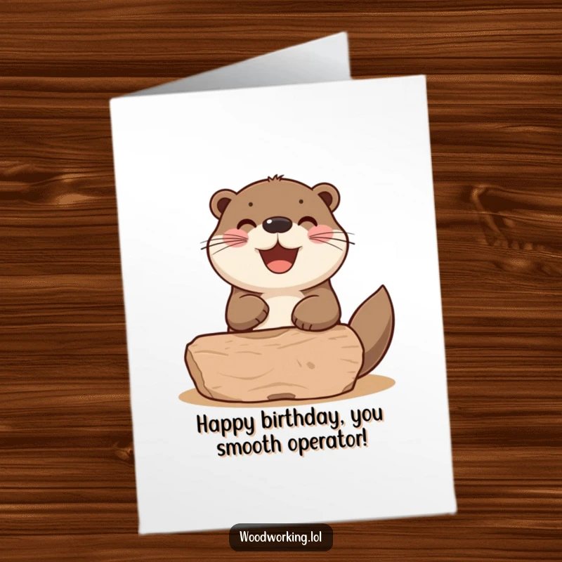 Funny Free Printable Birthday Card: A happy otter sands a wooden shape with a satisfied puff.
