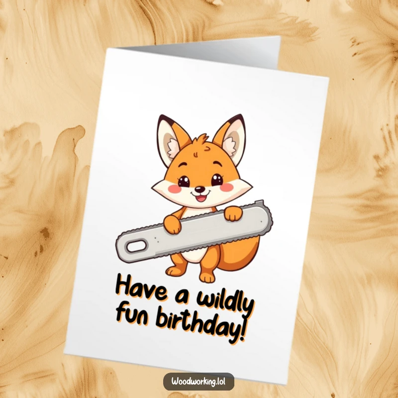 Funny Free Printable Birthday Card: Cheerful fox grins holding a massive saw, ready to 'cut' loose!