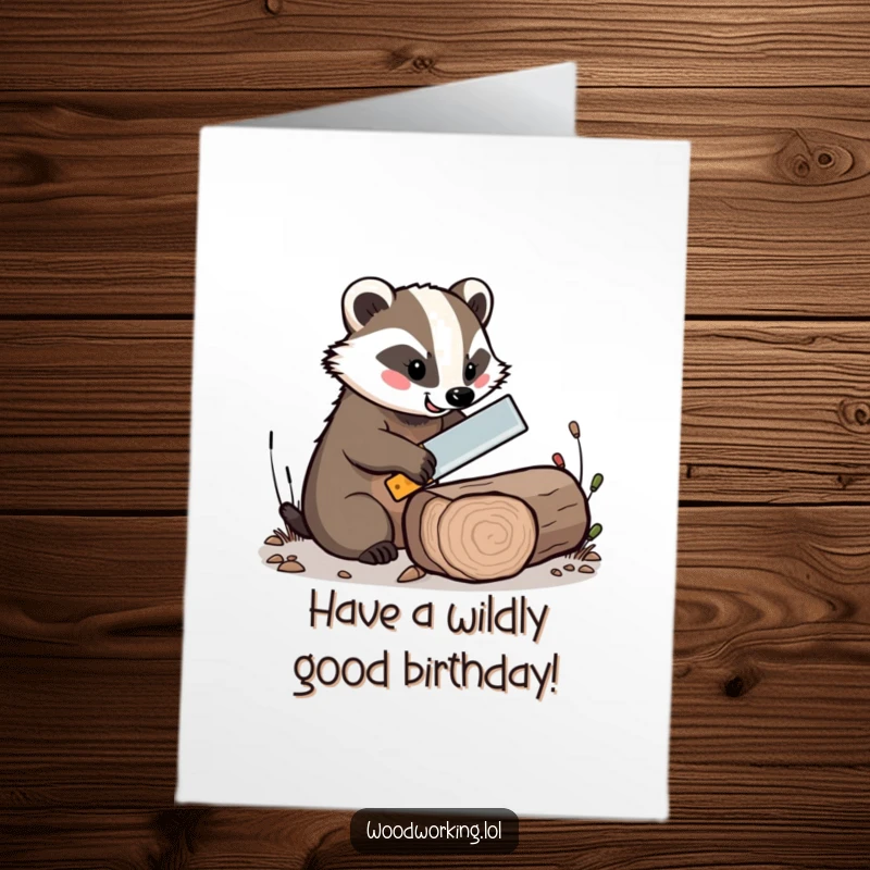 Funny Free Printable Birthday Card: Cheerful badger expertly saws a log with a comically tiny saw.