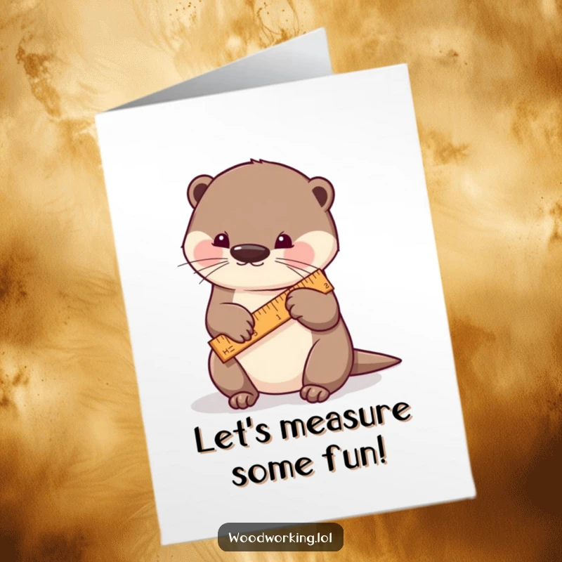 Funny Free Printable Birthday Card: a playful otter meticulously measuring wood with a tiny ruler, quirky DIY gift.