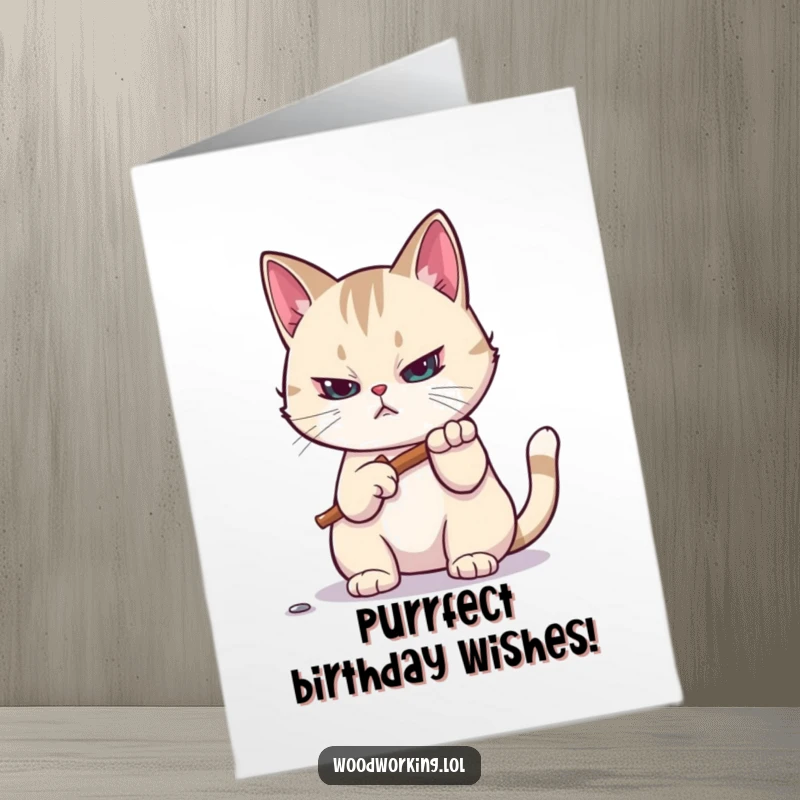 Funny Free Printable Birthday Card featuring a focused cat intently hammering a tiny nail with a determined expression.