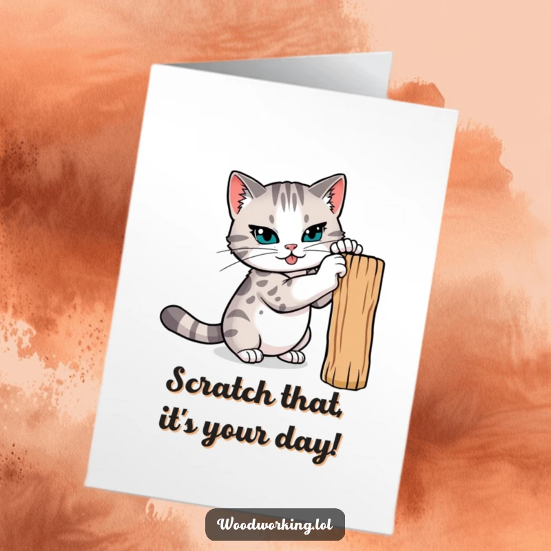 Funny Free Printable Birthday Card: a determined cat sharpening its claws on a post, embodying playful wildness, DIY gift.