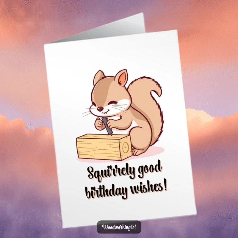 Funny Free Printable Birthday Card: Busy squirrel diligently screwing wooden planks together, building birthday cheer.