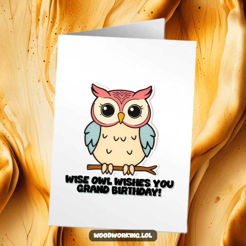 Funny Free Printable Birthday Card: Focused owl artistically gluing wood, perfect for DIY crafting enthusiasts.
