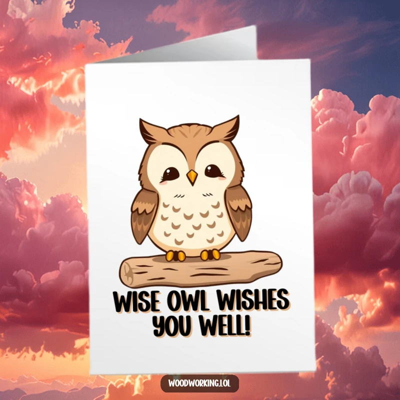 Funny Free Printable Birthday Card: Proud owl meticulously sanding wood to a smooth finish, celebrating fine craftsmanship.