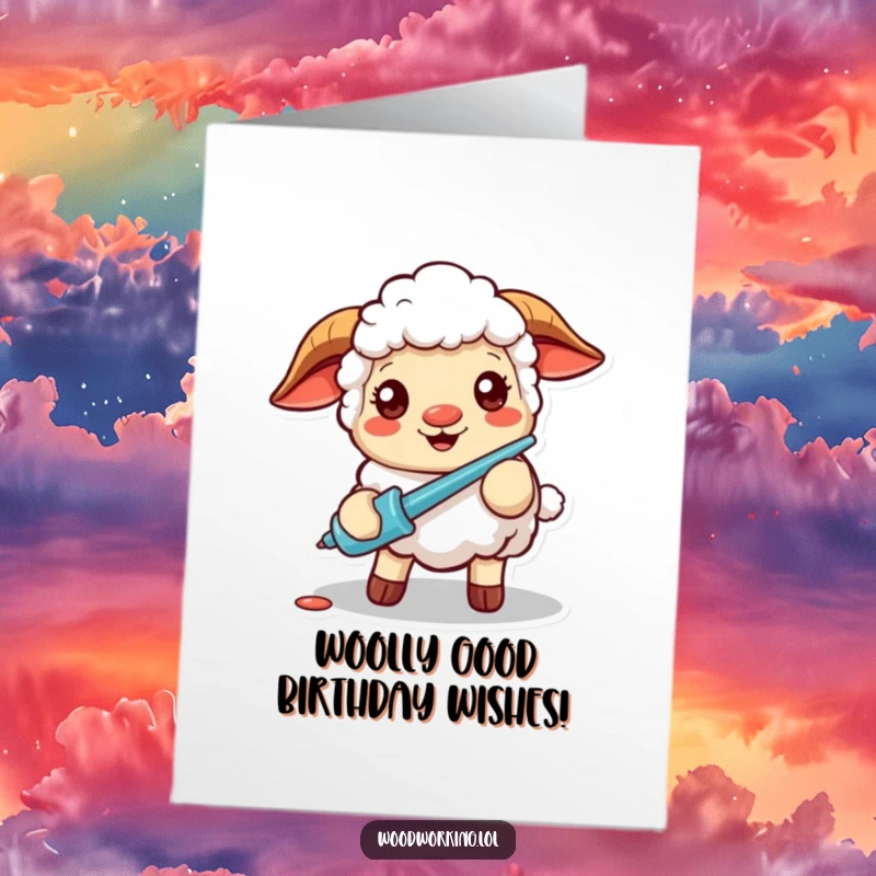 Funny Free Printable Birthday Card: Cheerful sheep with a screwdriver, focused on fixing, DIY downloadable gift.